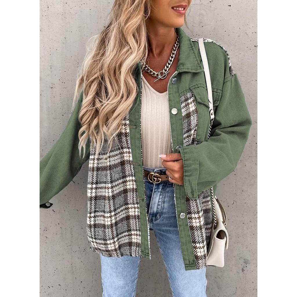 Denim Jacket, Long Sleeved, Checkered, Button Up, Shirt, Jacket Top