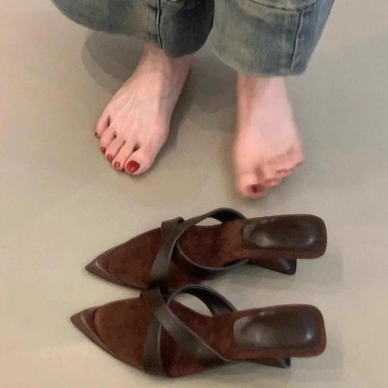 Fashion Retro Pointed Toe Temperament Cross Belt Wedge Sandals Women's Shoes 2025 New Leopard Print French Open Toe High Heel Sandals