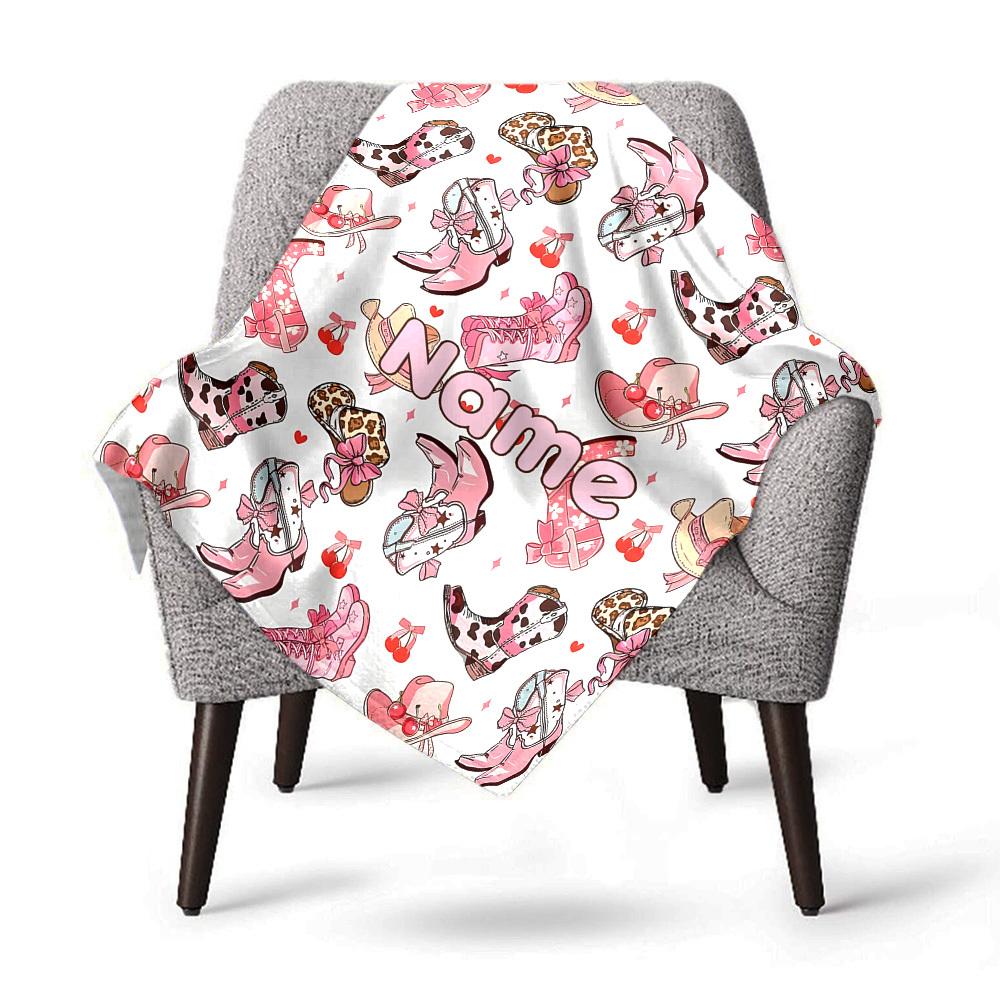 Cowgirl Boots Cherry Personalized Name Blankets Cozy Soft Lightweight Allseason Multipurpose Blanket For Picnics Sofas Offices Beds Living Rooms