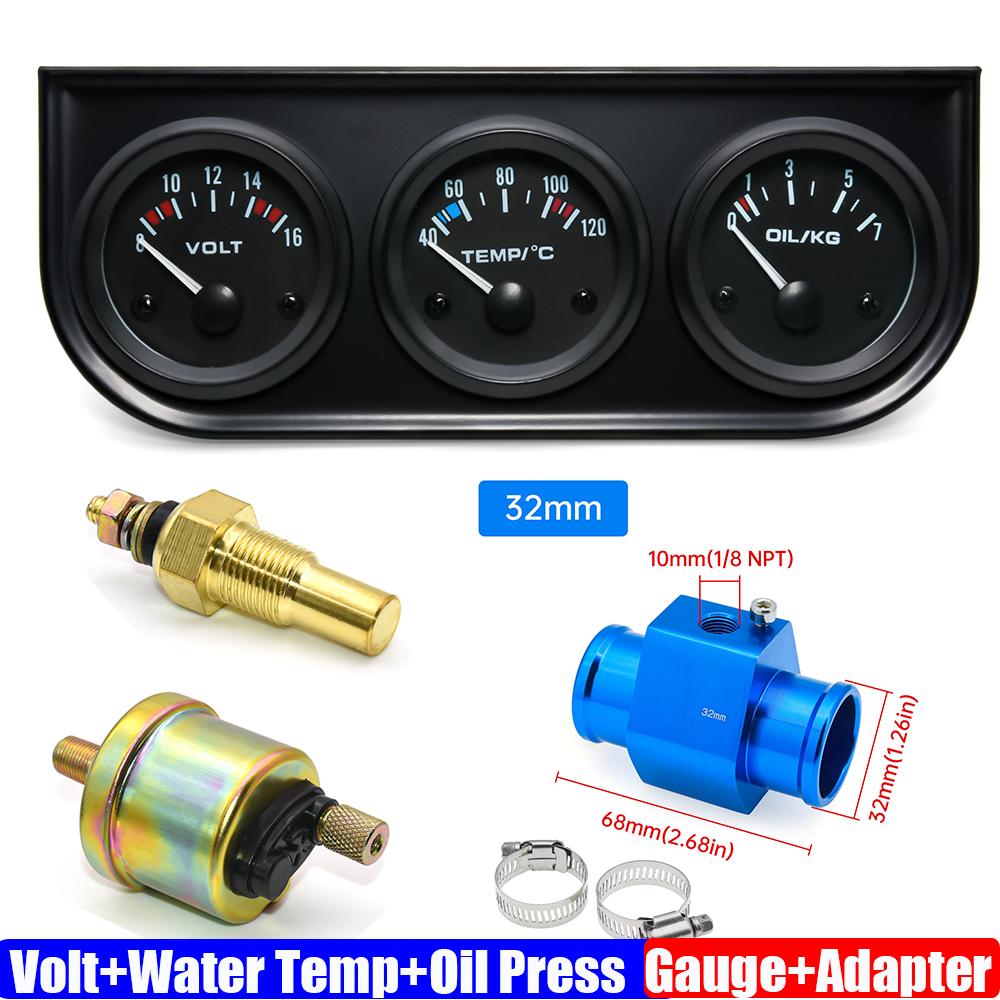 3 IN 1 Triple Gauge Kit 12V 52mm VOLT+Water Temp Meter+Oil Pressure Gauge+Sensor Temperature Radiator Hose Adapter 26MM-40MM