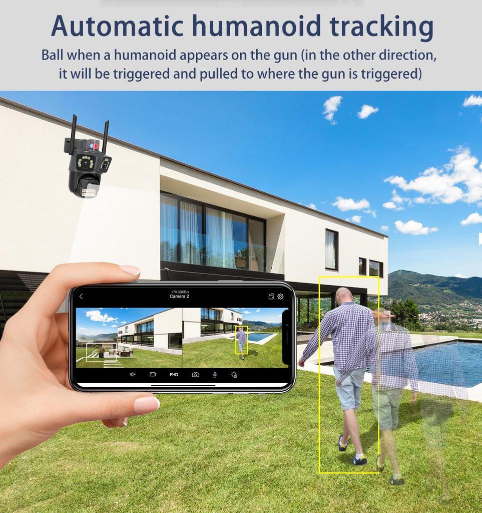 Wireless PTZ Camera with Triple Lens & Screen for Home Network Monitoring