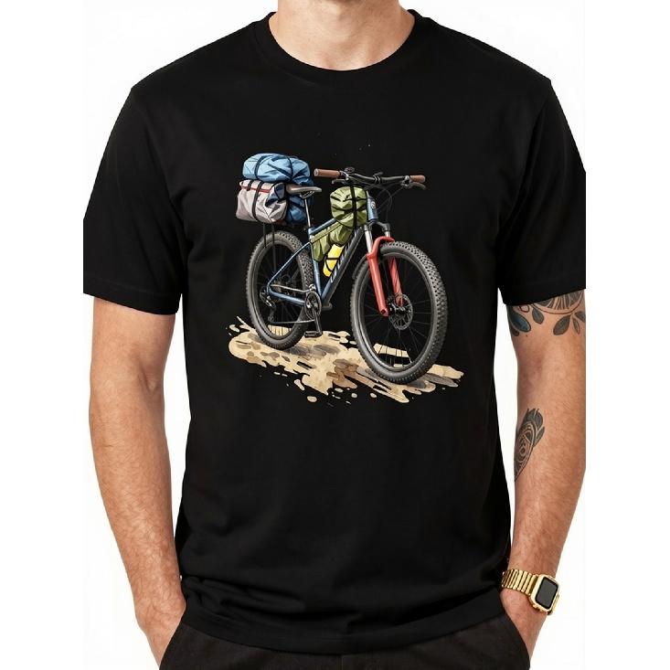 TEEHUB Men'S Vintage Bike Packing T-Shirt - White Retro Bicycle And Watercolor Mountain Bike Print, Breathable All-Season Outdoor Adventure Tee For,