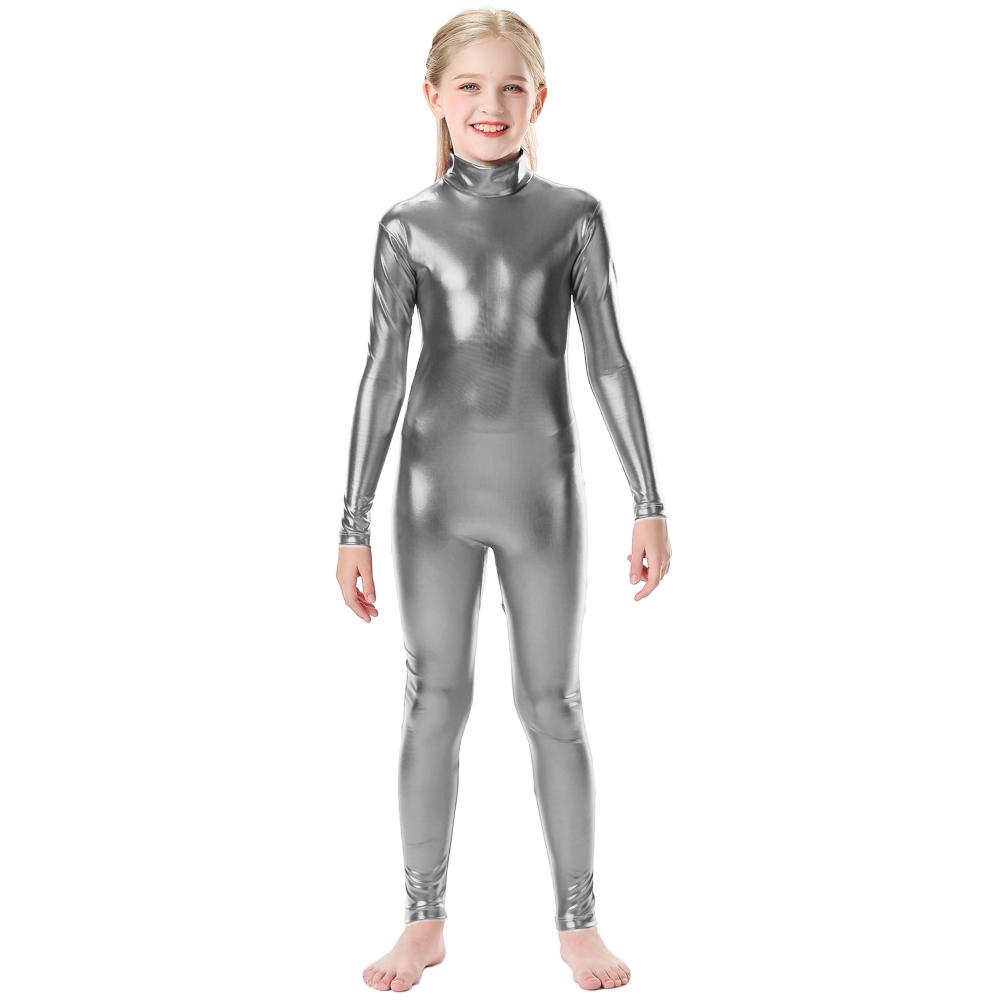 Блестящий металлический комбинезон с воротником-стойкой на молнии сзади, цельный комбинезон с длинными рукавами, детский костюм Wetlook
