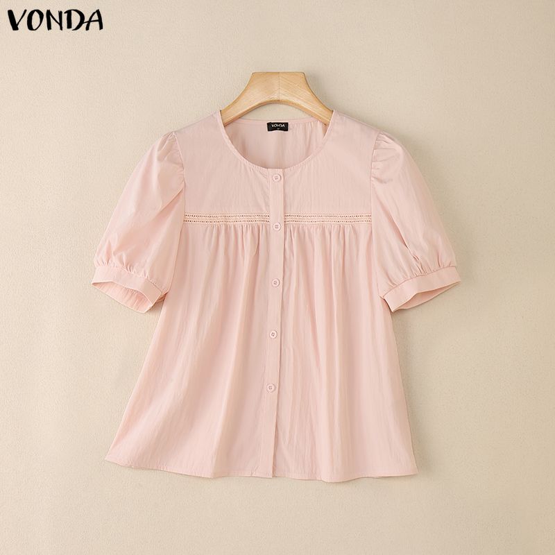 VONDA Wemen Casual Round Neck Puff Sleeve Embroidery Hem Buttons Blouse
