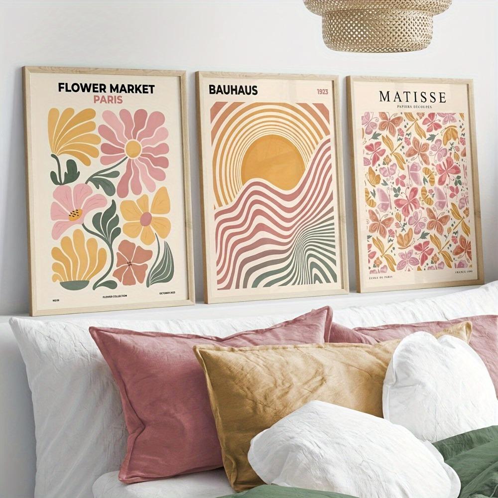 3pcs Frameless Bohemian Canvas Wall Art,Abstract Flowers and Bauhaus Aesthetics,Retro Style Posters,Bedroom,Living Room Decor