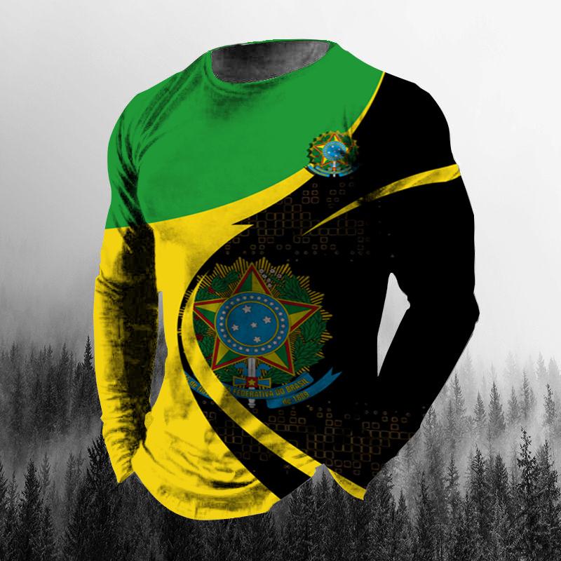 Винтажная осенняя мужская футболка с 3D принтом бразильского флага и круглым вырезом, повседневная футболка большого размера с длинными рукавами, модный пуловер, мужская одежда