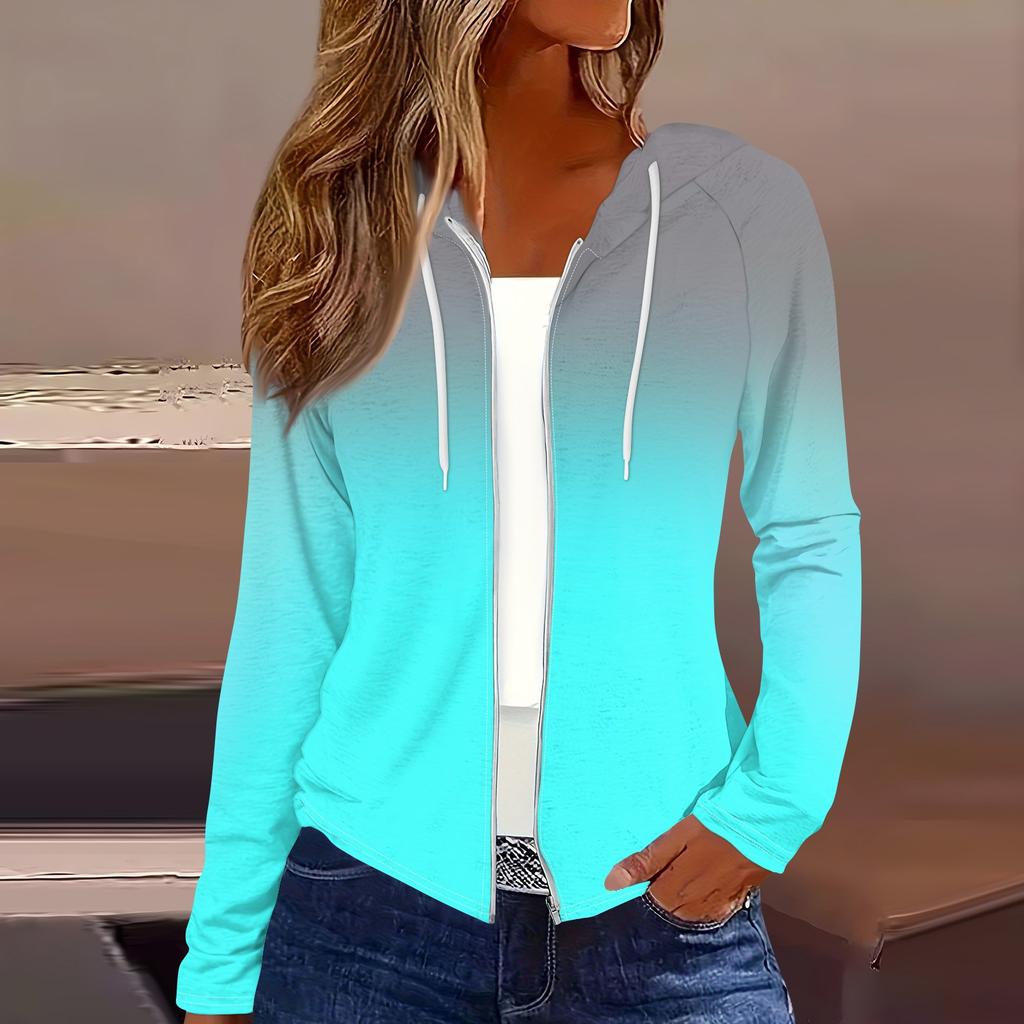 Женская мода повседневная застежка-молния с капюшоном и принтом с длинным рукавом толстовки пальто