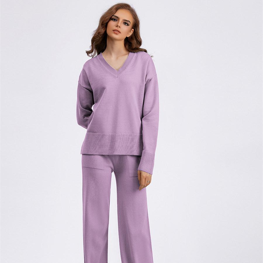 Осенне-зимний вязаный свитер, женский свободный джемпер с V-образным вырезом, брюки, комплекты из двух предметов