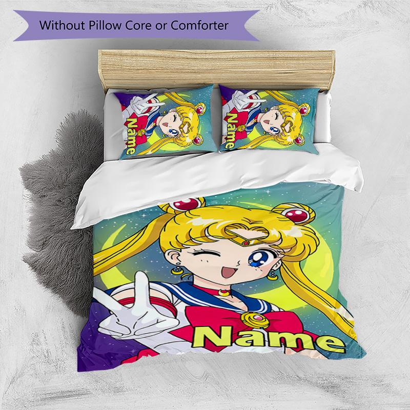 3pcs Sailor Moon 2 Cover Set - Personalized Name, HD Printed Bedding with 1 Cover and 2 Pillowcases - Perfect for Home Decor, Easy Care