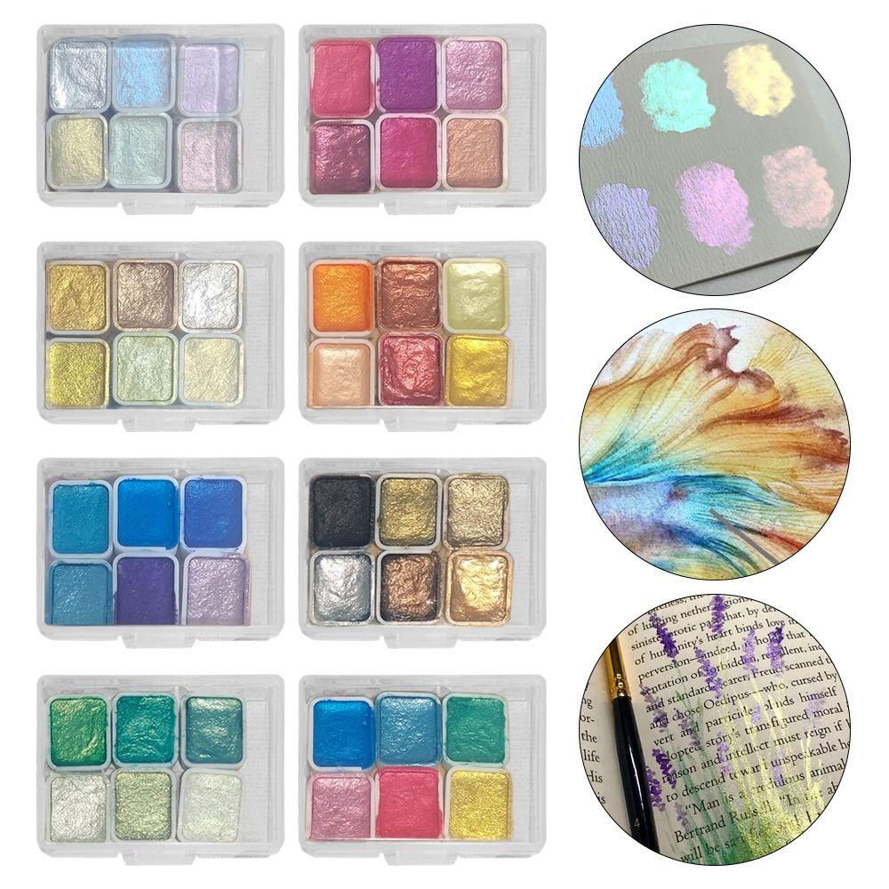 1Pcs Pearlescent Metallic Solid Watercolor Paint 6 Color 1ml Palette Durable Pigment Set