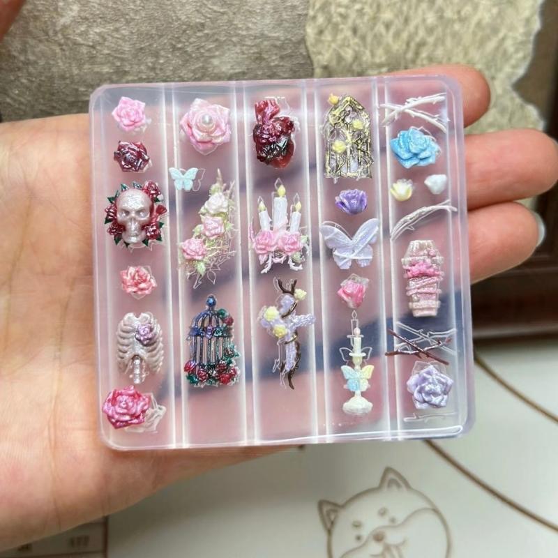 3D Creative Transparent Nail Mold DIY Nail Art Decoration Rose Candlestick Skull Butterfly Birdcage Nail Art Carving Mold
