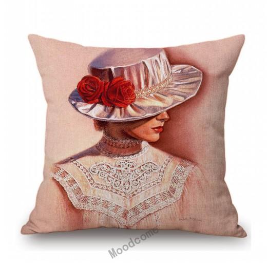 Elegant Lady With Hat Europe Victorian Era Classic Beautiful Woman Oil Painting Linen Sofa Throw Pillow Case Car Cushion Cover