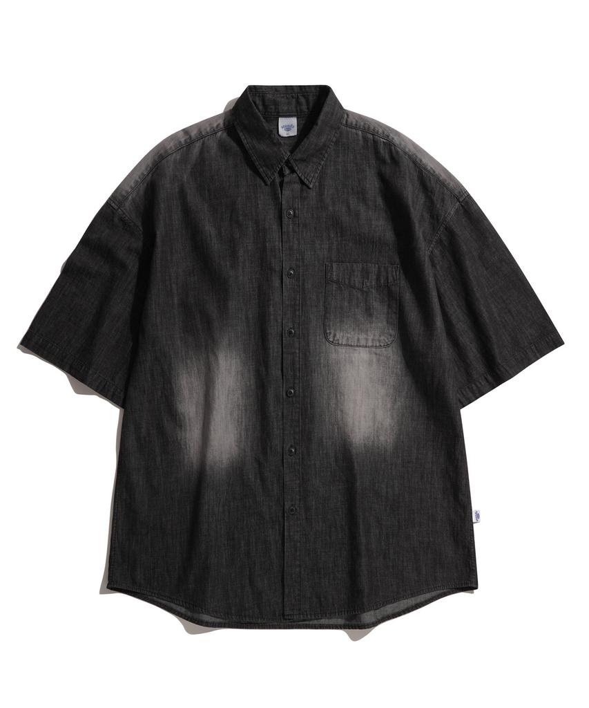 STENDS [M~4Xl] Fade Wash Denim Short Sleeve Shirt_Black