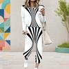 Women Plus Size Round Neck Long Sleeve Black White Printed Cuffed Top And Pants With Pockets Two Piece Set