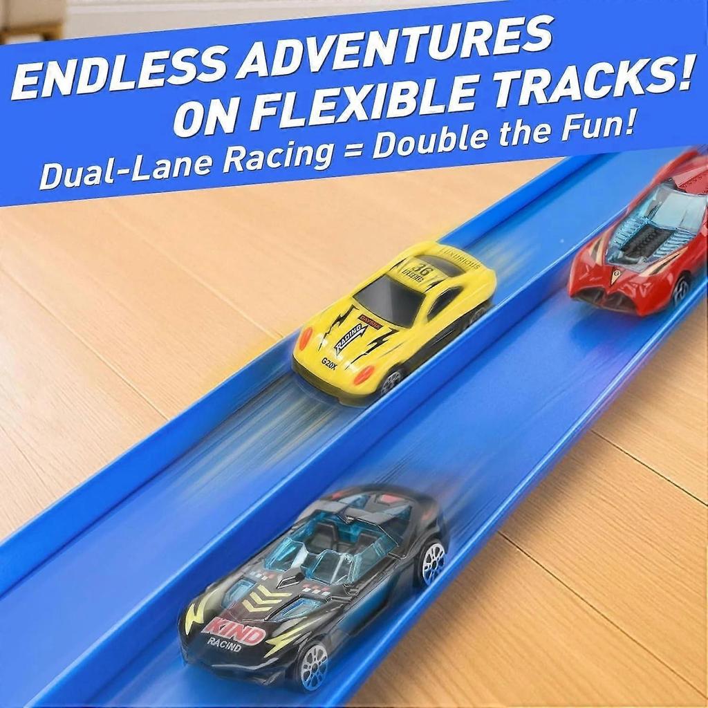 Flexible Race Car Track for Kids Toy, Portable Roll-Up Flex Track Racetrack with Suction Cups & 4 Wheels, Compatible with 1:64 Scale Model Cars
