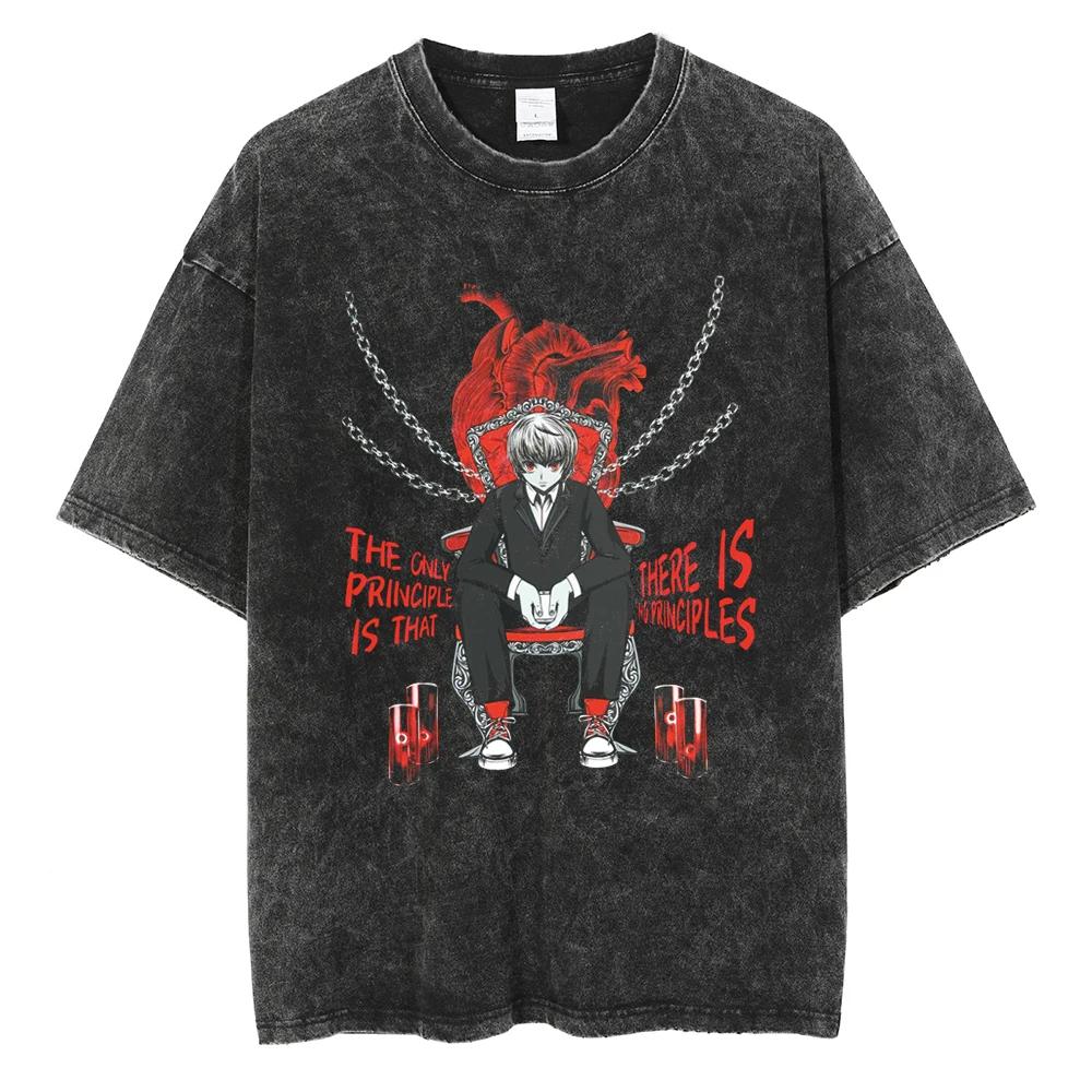 Hunter x Hunter Kurapika Tshirt Men Vintage Washed Black Oversized Streetwear Cotton Short Sleeve Anime Graphic Tees Unisex ops