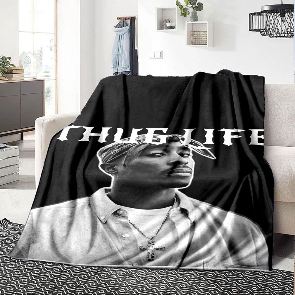1pc 2PacHip Hop Blanket Soft Lightweight All Season Multi Purpose Throw for Sofa, Bed, Office & Picnics, French Style with Iconic Album Art & Quotes