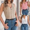 Spring and Summer Button V-neck Cutout Sleeveless Top, Vacation Knitted Sweater for Women