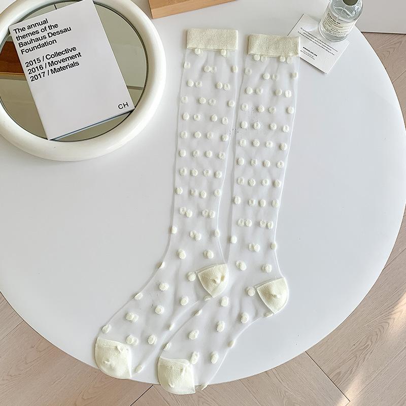 Шелковые носки с кристаллами, женские чулки, летние ультратонкие прозрачные гольфы в горошек JK для девочек, черные, белые длинные носки, чулки