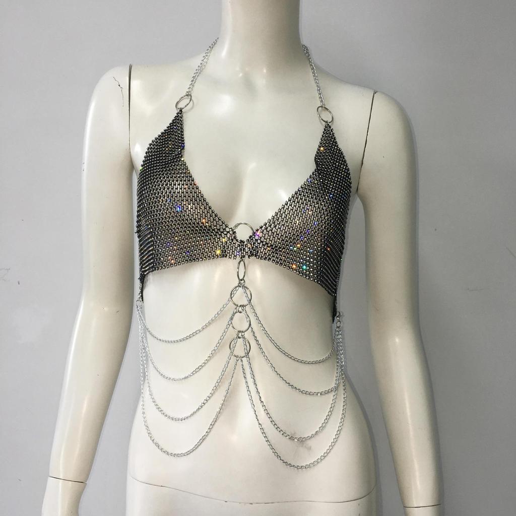 2026 European and American Fishnet Sling Rhinestone Inlaid Small Circle Multi-Layer Wave Tassel Chain Ximang Sexy Hot Girl