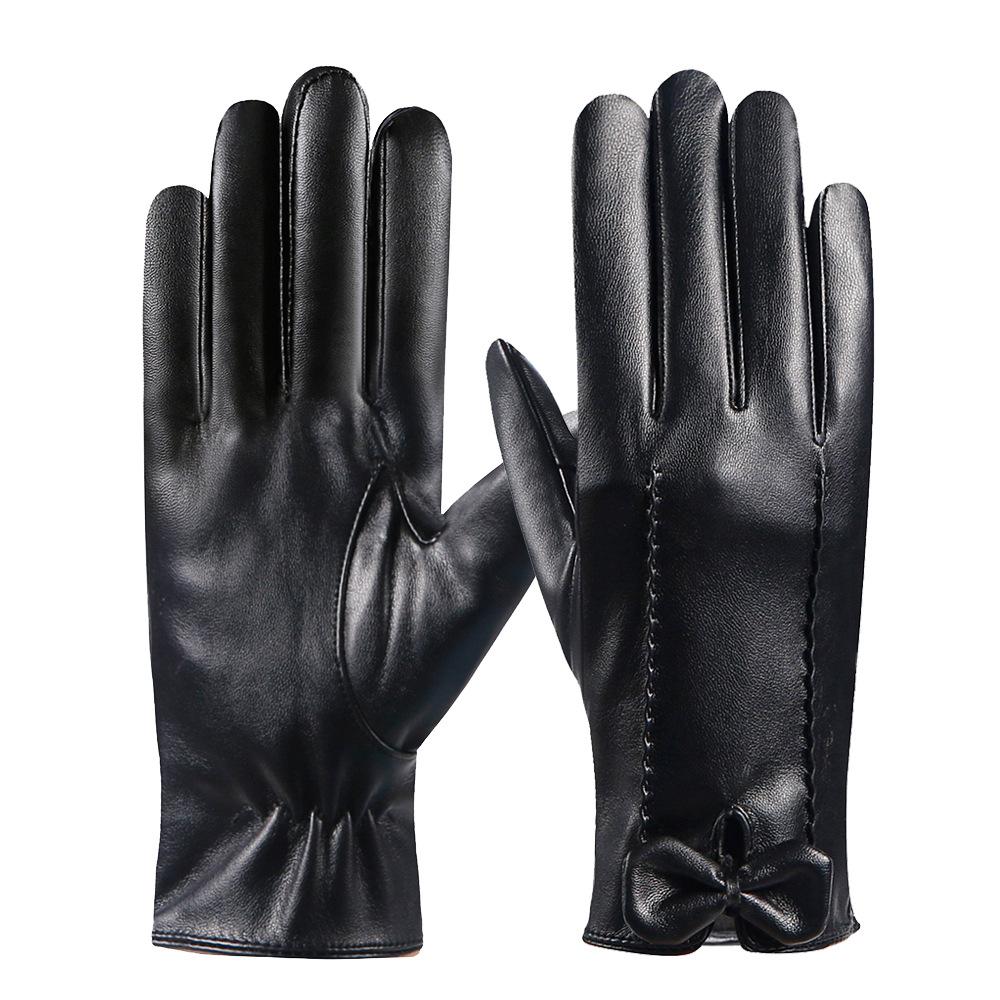 Autumn and Winter Warm Gloves for Women PU Leather Bow Plus Velvet Thickened Cold and Windproof Outdoor Driving Touch Screen