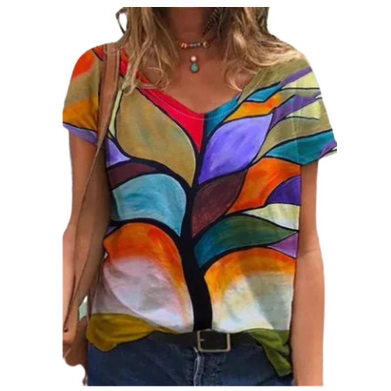 Летний топ с V-образным вырезом и 3D-цветным принтом, модные повседневные женские футболки с короткими рукавами