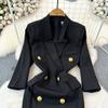 Spring Autumn Women Vintage Black Double Breasted Blazer Dress Fashion Slim Bodycon Mini Short Office Work Dresses