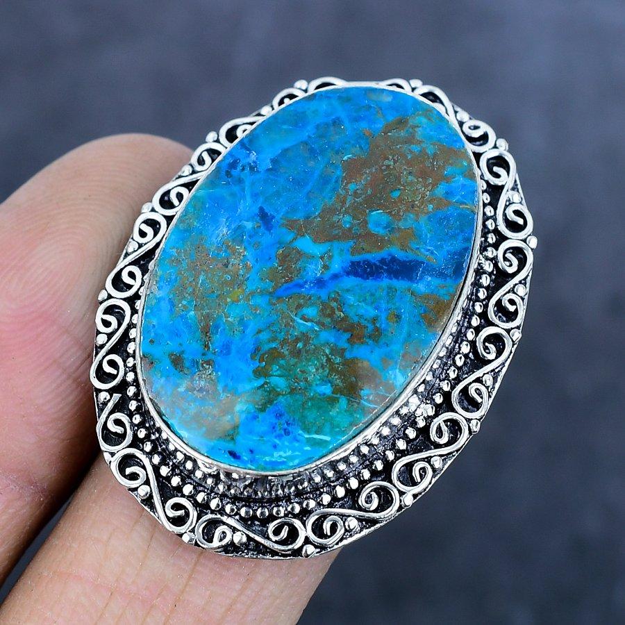 Кольцо из стерлингового серебра 925 пробы с натуральным драгоценным камнем хризоколла, размер 7 P3T35