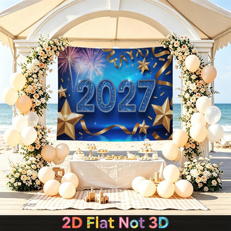 Party Backdrop New Year Fireworks Stars Blue Glitter Flat Golden Multi Layered Photo Background Decor Front Door Decor
