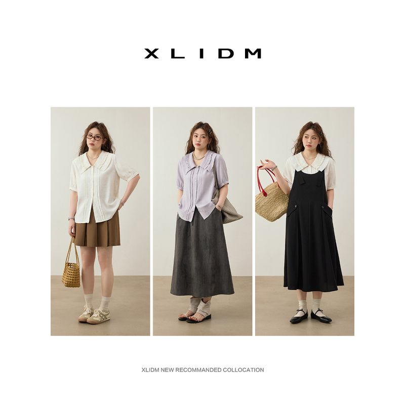 Xiaoli Plus size women clothing Breathable Bamboo Artificial Linen Age-Reducing Wooden Ear Shoulder Chubby Girl Summer Short sleeve Shirts