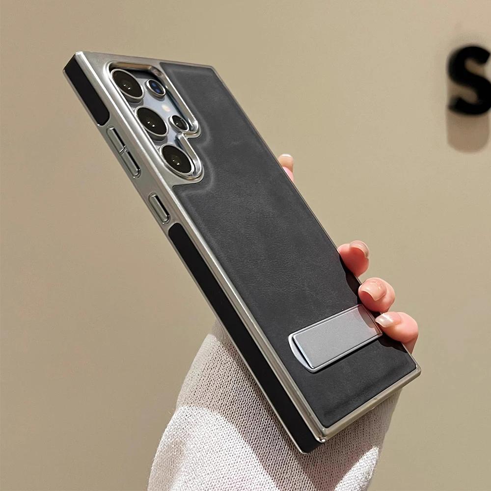 Invisible Metal Stand Plating Leather Case for Samsung Galaxy S24 S22 Ultra Plus S23 Fe S24Ultra S23Ultra S23fe Holder Cover
