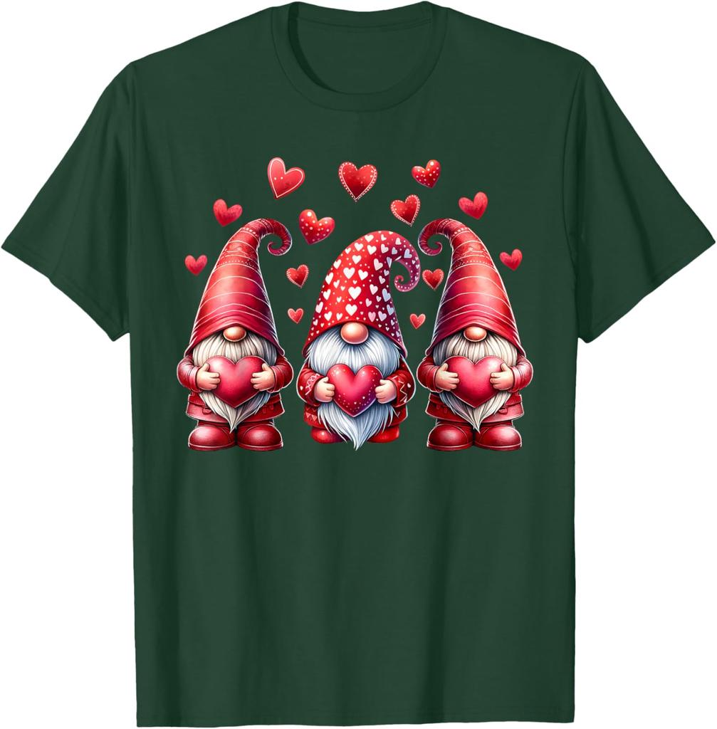Pink Valentine Gnomes with Hearts Graphic Print Cotton T-Shirt Casual Daily Tee for Women Men