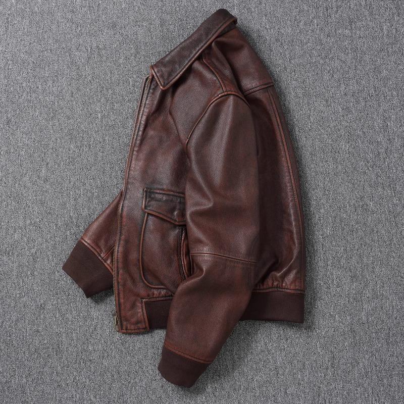 Китайский размер Vintage Red-Browm Flight A2 Мужская натуральная кожаная куртка Light Covered First Layer Cowhed Мужские куртки Осень и зима Пилот кожаная куртка