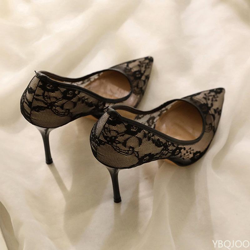 Женская обувь Дышащая кружевная сетка Сексуальные высокие каблуки Дизайнерская ниша Темперамент Остроносые тонкие туфли-лодочки Универсальные однотонные