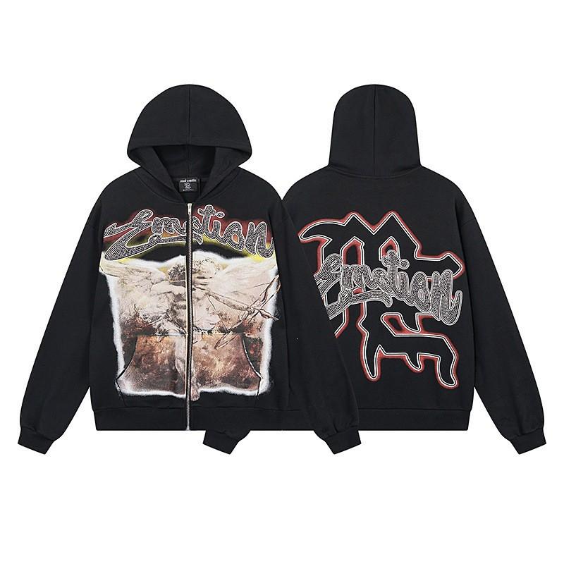 Oversized Hooded Zip-Up Sweatshirt With Letter Print Rhinestone Embellishment Cotton Blend Unisex Streetwear Set