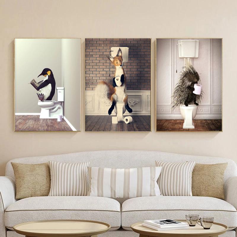 Юмор для ванной комнаты животное динозавр кролик акула лиса настенная живопись печать холст живопись ванна плакат настенные панно туалет домашний декор