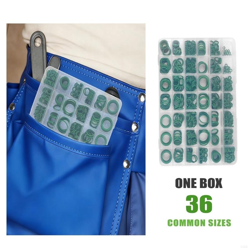 D5BE 36 Size Air Conditioning O Gasket Set with 595 Green Rubber Pieces, Size Reference Layout in Storage Case for Service