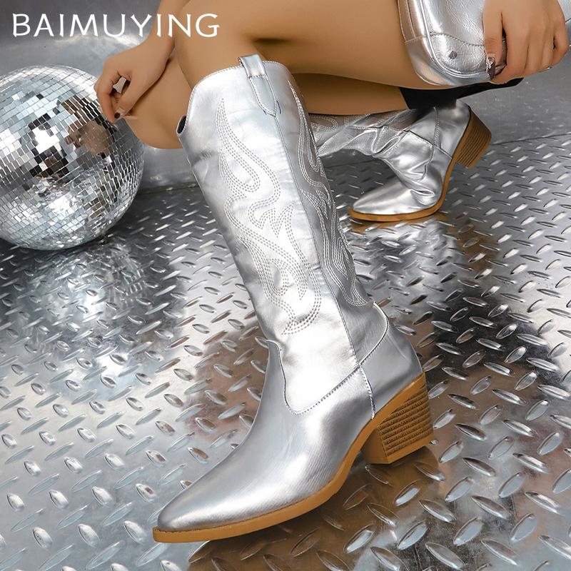 Кожаные женские высокие сапоги с острым носком и вышивкой на среднем каблуке 2025 года, дизайнерские туфли-лодочки на толстом каблуке, зимние туфли-челси Botas De Mujer