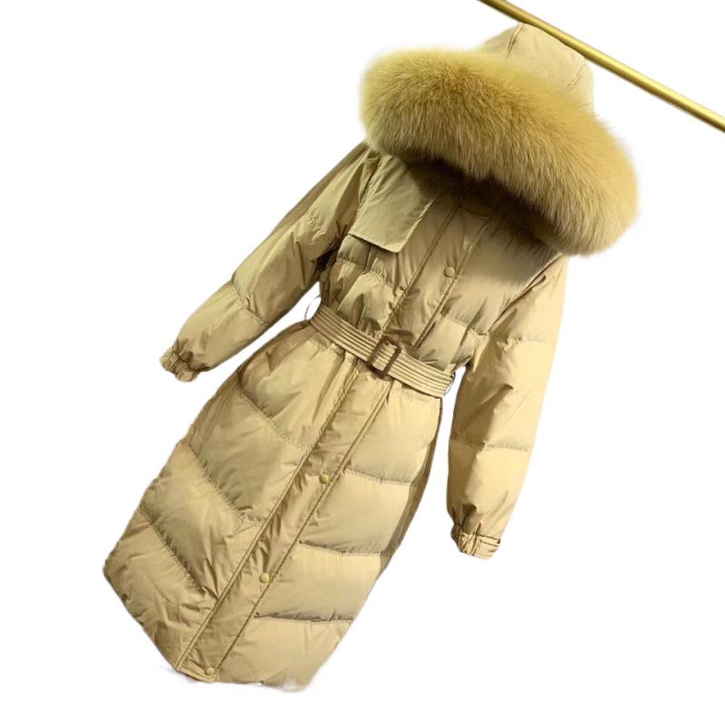 Women's 2024 Trendy Lightweight Over-Knee Down Jacket with Waist Tie - White Duck Down Winter Coat