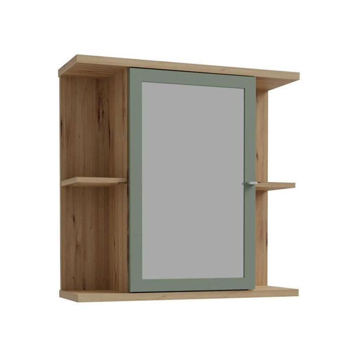 Armoire de toilette - Décor chene et vert sauge - Porte- Miroir - Etageres - L69,9 x P23,2 x H68,8 cm