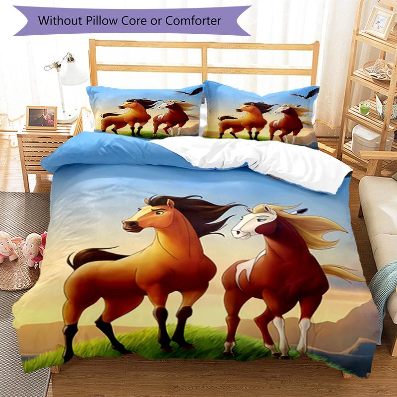 3pcs Spirit Stallion of the Cimarron pattern bedding set duvet cover set includes duvet cover &pillowcases, perfect all season bedroom decoration & gi