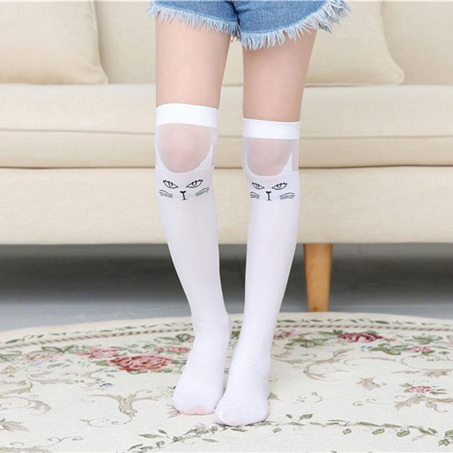 Детские белые длинные носки, кавайные милые носки до бедра с котом, кружевные носки с героями мультфильмов, весна-лето