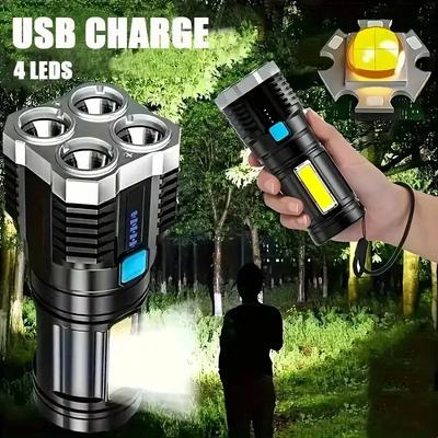 Мощный светодиодный фонарь с 4 светодиодами и боковыми COB-фонарями – USB-перезаряжаемый, водонепроницаемый фонарь с 4 режимами для кемпинга, туризма, работы