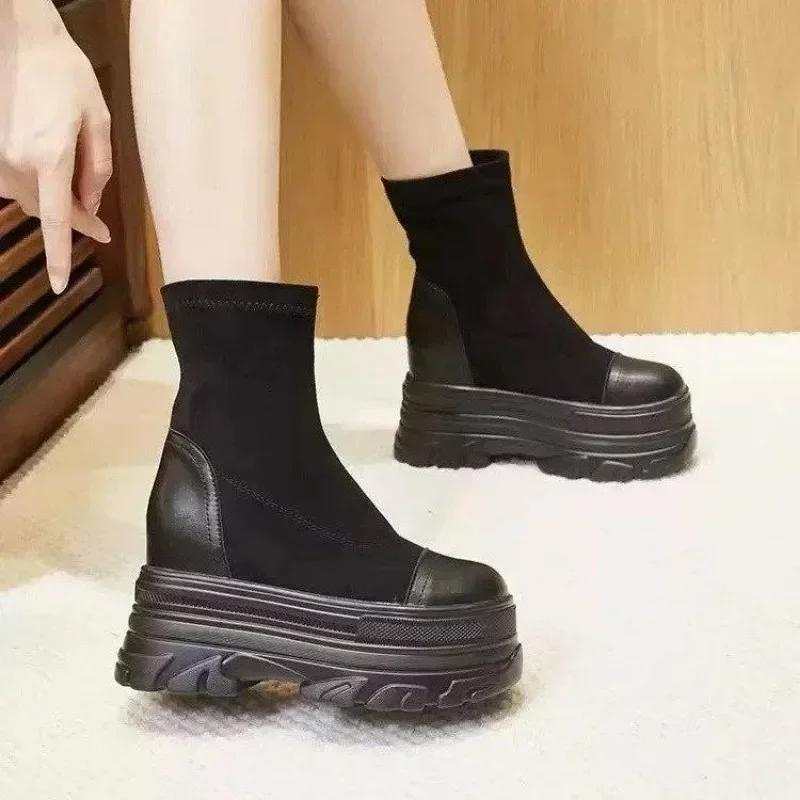 Fashion Fashion High Quality Womens Shoes Heels Wedge Suede Elasticated 10CM Platform Ankle Boots Casual Shoes With Zipper Black Spring