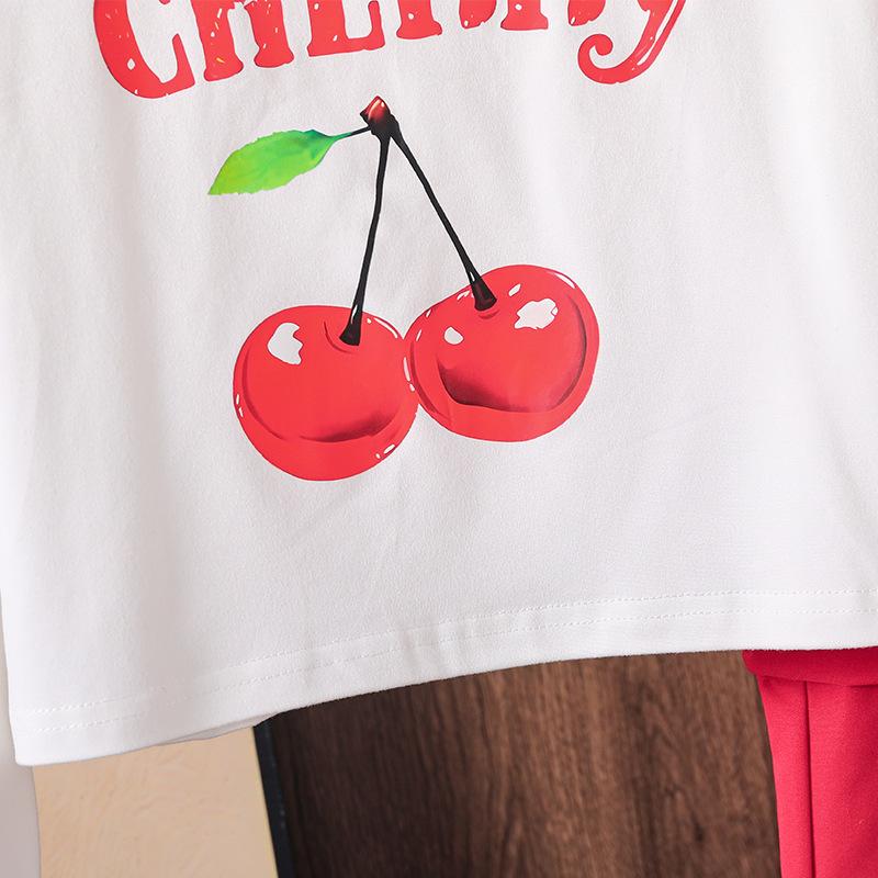 Наряд для девочек Детская одежда Осень Новая мода Принт вишни и букв Повседневная рубашка с длинным рукавом + Брюки карго