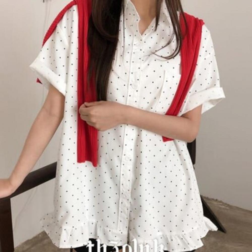 The Pink Women Overfit Dot Frill Short Sleeve Shirt