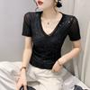 Summer New Fashion Sequin V-neck T-shirt for Women Short-sleeved Sexy Mesh Top Slim and Half-sleeved