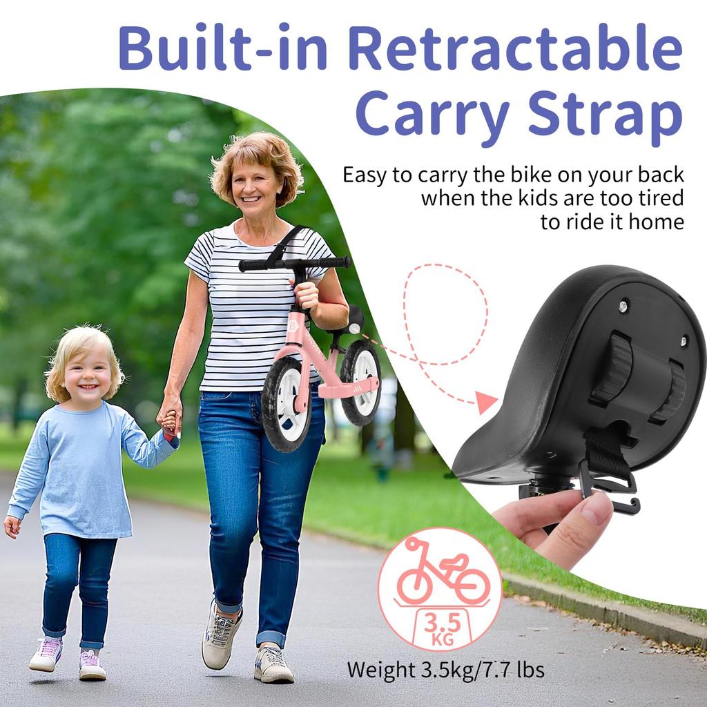 BELEEV Kick Bike, 12-inch, No-Pedal Bike for Ages 2-6, Lightweight & Adjustable Seat & Handlebars, Illuminated Wheels & Carry Strap (Pink)