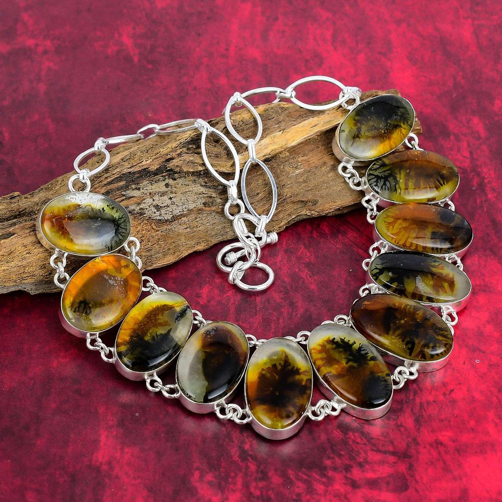 Браслет и ожерелье из драгоценного камня дендритового опала, комплект ювелирных изделий из стерлингового серебра 925 пробы, ювелирные изделия ручной работы, регулируемая цепочка, подарок на годовщину для нее