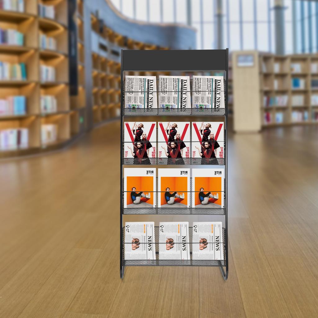 4-Tier Floor Standing Magazine Rack, Modern Iron Periodical Holder for Living Room Organization, Black Storage Display Stand